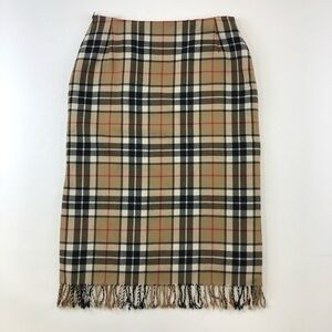 Scottish Vintage plaid skirt tan black red fringe hem wool midi  Fits Size 6